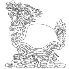 Dragon-headed Turtle or Tortoise sitting on a lot of coins. Mythological Chinese creature. Celestial Feng Shui animal. Side view. Black and white outline vector illustration