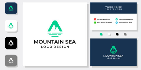 Mountain ocean logo design with business card template.