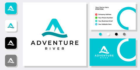 Mountain ocean logo design with business card template.