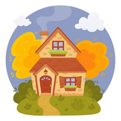 Obraz na płótnie Canvas Cute cozy house with trees, bushes, colorful fall leaves. Comfy countryside cottage in autumn. Can be used for greeting cards, poster, souvenirs. Vector illustration in cartoon style isolated on a
