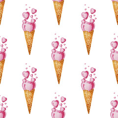 Hand-drawn pattern for Valentine's Day. Watercolor ice cream with flying hearts. Romantic illustration. Perfect for blogs, lettering, sewing patterns, invitations, t-shirts, prints. Dessert for lovers