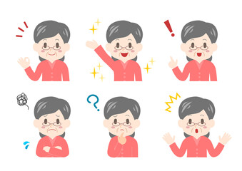 メガネをかけたシニア女性の表情イラストセット	