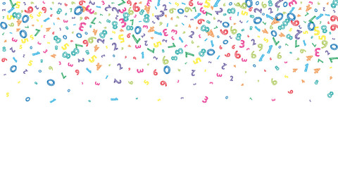 Falling colorful messy numbers. Math study concept with flying digits. Unequaled back to school mathematics banner on white background. Falling numbers vector illustration.