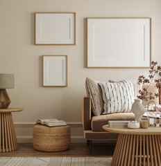 Poster frame mock-up in home interior background, living room in beige and brown colors,3d render © artjafara