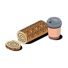 Sweet chocolate roll and coffee. Vector 3d sketch line isometric style, color icon illustration. Creative design idea and infographics elements.