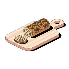 Sweet chocolate roll on a cutting board. Vector 3d sketch line isometric style, color icon illustration. Creative design idea and infographics elements.