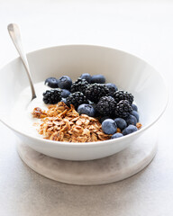Breakfast, Granola with yogurt and berries on a concrete background