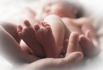 Obraz na płótnie Canvas legs of a sleeping newborn in mom's arms