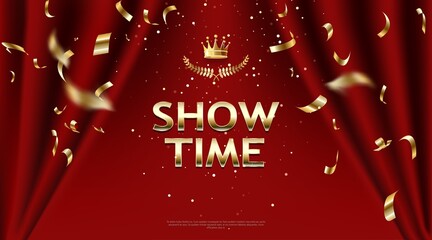 show time, red curtain frame with backlight - obrazy, fototapety, plakaty