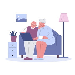 Elderly couple with laptop on the couch. Vector illustration in a flat style.