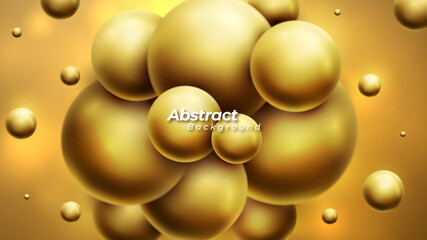 Luxury golden background with dynamic 3D spheres. Vector illustration of glossy bubble balls.