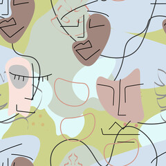 One line drawing. Abstract face seamless pattern.