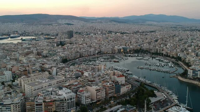 Aerial panorama view over Marina Zeas, Peiraeus, Greece at sunset