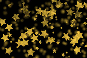 Yellow stars bokeh texture on black background. Template with stars bokeh for your projects