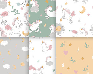 Seamless patterns set with unicorns, clouds, rainbows, stars. Vector illustration. Baby unicorn patterns bundle. Pastel colors.