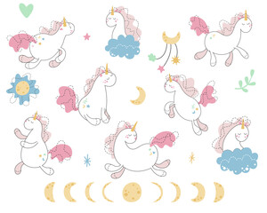 Set of cute cartoon unicorns with clouds, moon phases, stars. Vector illustration isolated on a white background. For sticker, embroidery, design, decoration, print, t-shirt, dishes, children textile.