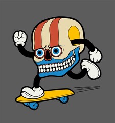 Skull skateboarding. Strange colored skull in chinese or native american style skateboarding. Skull character skateboarding isolated vector illustration for summer sports.