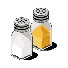 Pepper and salt in jars. Vector 3d sketch line isometric style, color icon illustration. Creative design idea and infographics elements.