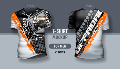 T-shirt for man front and back with SUV off-road club logo. Mock-up for double-sided printing. - obrazy, fototapety, plakaty
