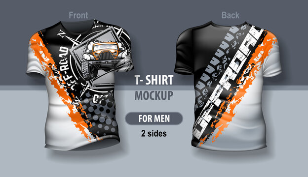 T-shirt for man front and back with SUV off-road club logo. Mock-up for double-sided printing.