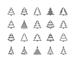 Forest tree flat line icons set. Christmas tree, spruce, pine symbol. Simple flat vector illustration for web site or mobile app