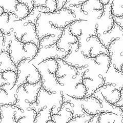 Seamless graphic pattern black line art branch with leaves on a white background. For advertising, textiles, packaging