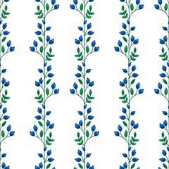 Seamless pattern branch with green leaves and blue berries on a white background. For textiles, packaging, wallpaper, advertising, design