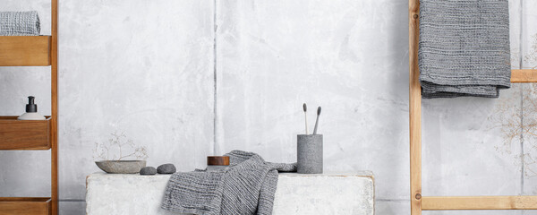 Organic waffle linen towels, bamboo toothbrushes, bathroom zero waste accessories in grey shades in...