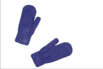 Blue woolen mittens isolated on white background. Winter clothes. Flat lay, top view.