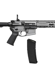 Close up of modern automatic rifle isolated on white background. Weapons for police, special forces and the army. Automatic carbine with mechanical sights. Assault rifle on white