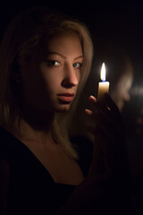Beautiful blonde with a burning candle in the twilight.