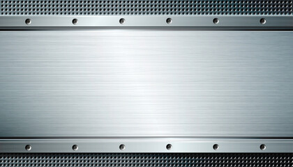 Polished steel banner with perforated metal background.