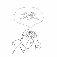 A linear drawing of a man holding his head and thoughts over the head of two fencers with his hands. Internal dialogue with another person. The concept of psychology