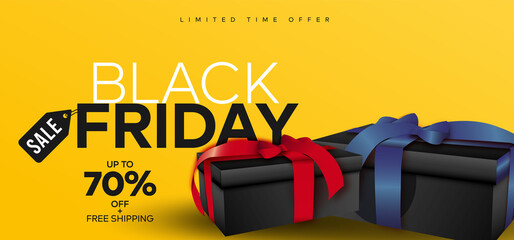 Realistic black friday sale banner with gift background