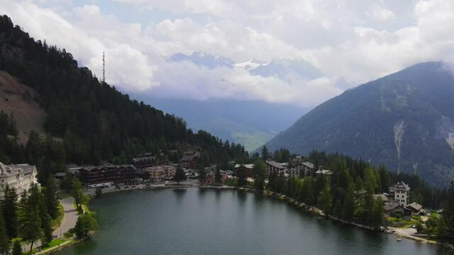 Aerial fly over of Champex Lac in Switzerland