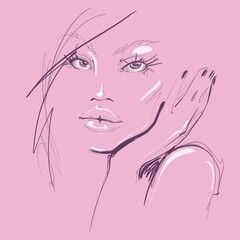 stylish illustration on a pink background sketch of the face of a beautiful young girl for design 