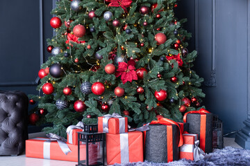 Christmas New Year tree with gifts in the room