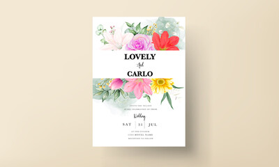 Floral wedding invitation with beautiful colorful flower watercolor