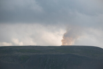 Landscape of smoke and ash during eruption of at Fagradalsfjall Volcano Iceland