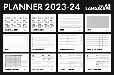 Simple Calendar 2023-24, Planner, Landscape, Week start Sunday template.