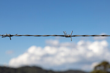 barbed wire with blue sky background and blurred clouds