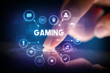 Finger touching tablet with web technology icons concept