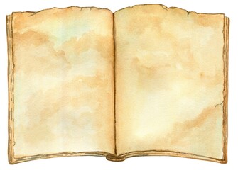 Watercolor illustration. An old open book, aged pages of a book without text