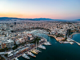 Aerial panorama view over Marina Zeas, Peiraeus, Greece at sunset