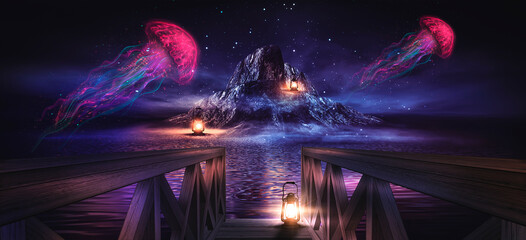 Night fantasy natural landscape with mountains and ocean. Night sky, stars and silhouettes of neon jellyfish. Dark futuristic landscape in blue neon light. 3D illustration. 