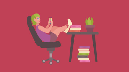 A girl with green hair sits on a chair and flips through social media instead of reading books.