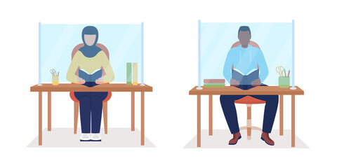 Students at desk during pandemic semi flat color vector character set. Sitting figures. People on white. Safety isolated modern cartoon style illustration for graphic design and animation pack