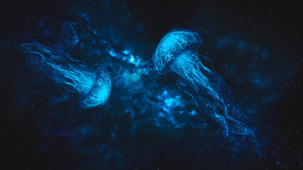 Night fantasy galaxy space landscape. Night view, silhouettes of neon jellyfish. Dark futuristic landscape in neon light. 3D illustration. 