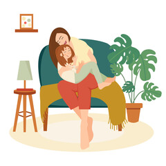 Mom and baby. Mom hugs the baby. Mother's Day. Family and happiness.