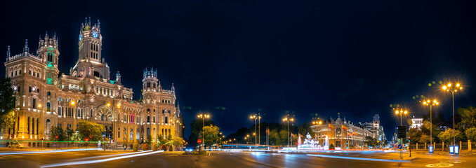 Night Panoramic of the Streets of Downtown Madrid With Cibiles Fountaion in the center - obrazy, fototapety, plakaty